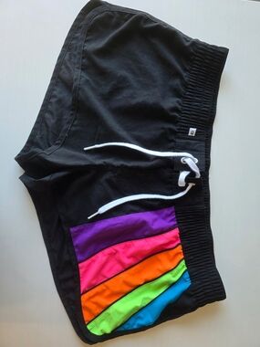 OP Juniors Black Shorts with Rainbow Stripe Panels ~ Size XL (Fit Women M/L)